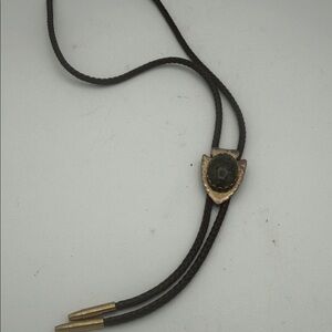 VTG western faux arrowhead & green stone bolo tie brown braid string w/ tips